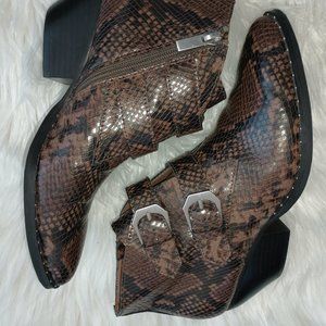 Treasure & Bond Harper Brown Snakeskin Double Buckle Heeled Ankle Boots